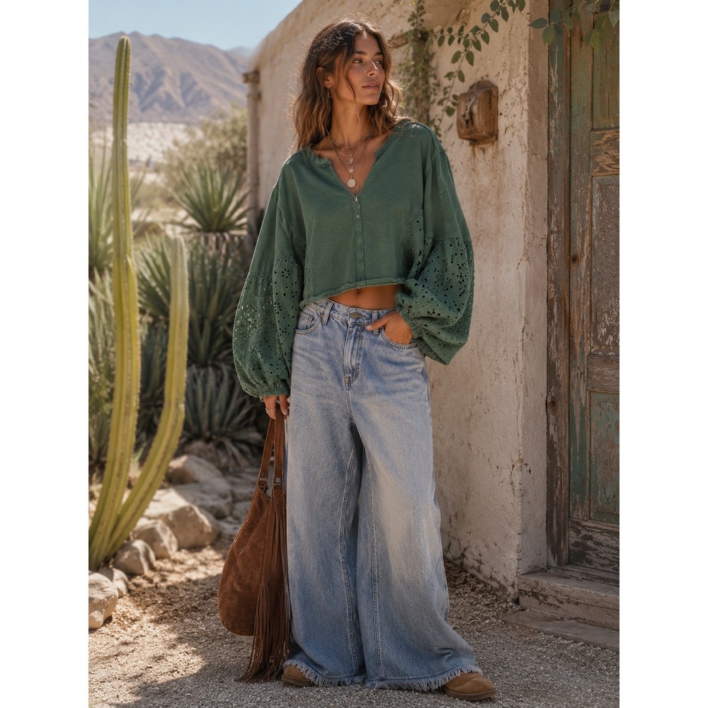 Pilcro and the Letterpress Olive Green Eyelet Cropped Hoodie